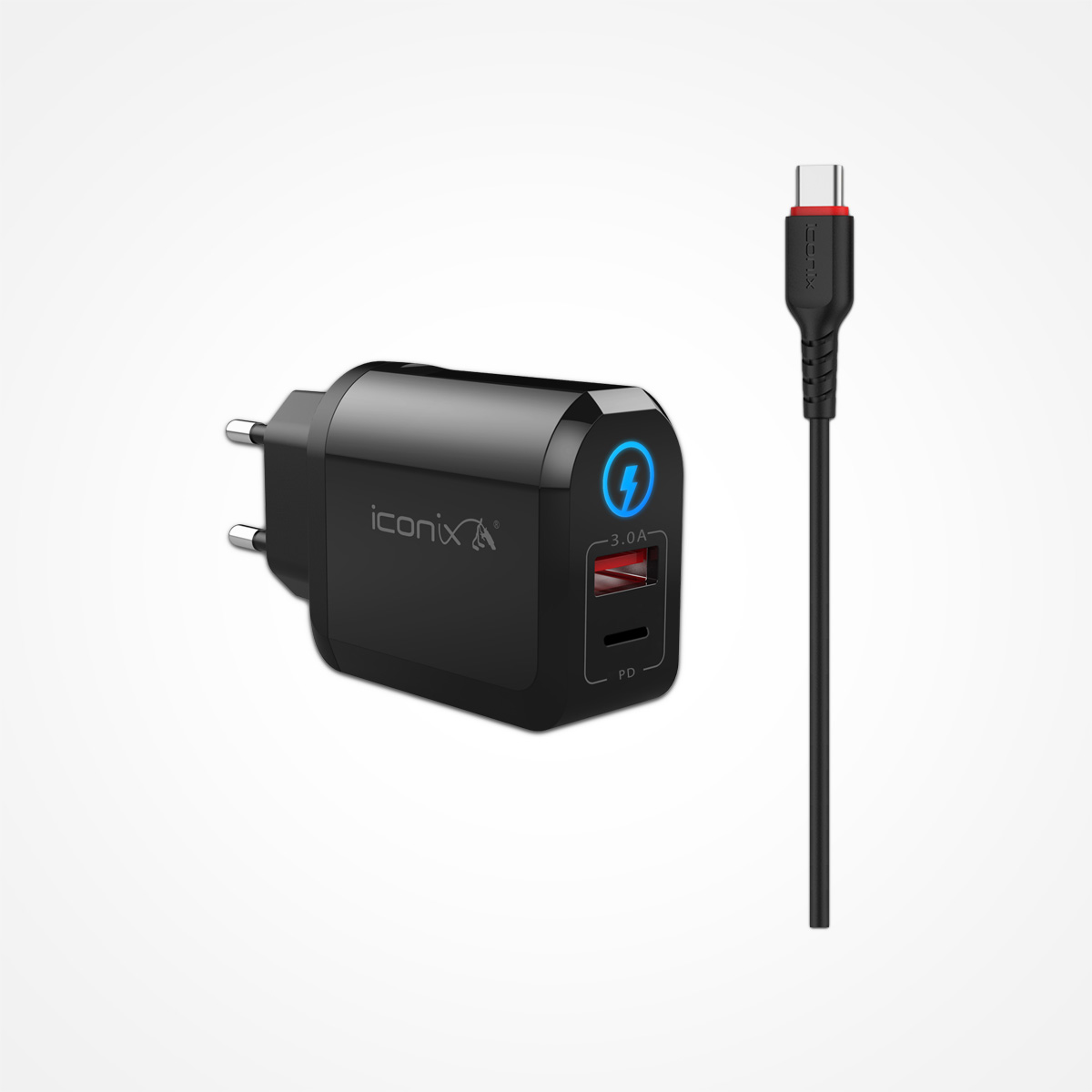 Chargeur mural rapide ICONIX IC-HC1028 18W avec port USB C et port USB